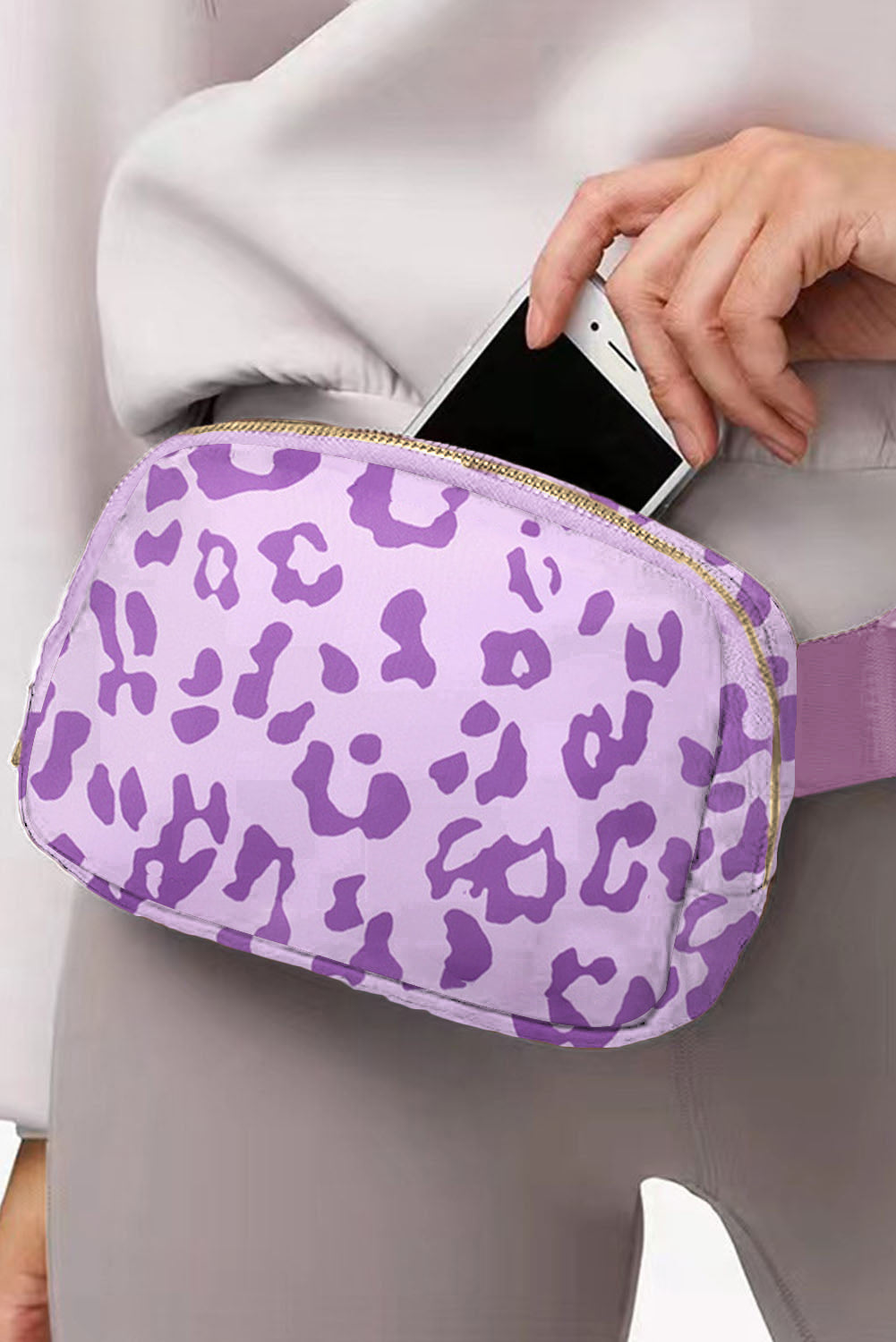 Purple 20*5*14cm Leopard Print Buckle Canvas Waist Pack Belt Bag